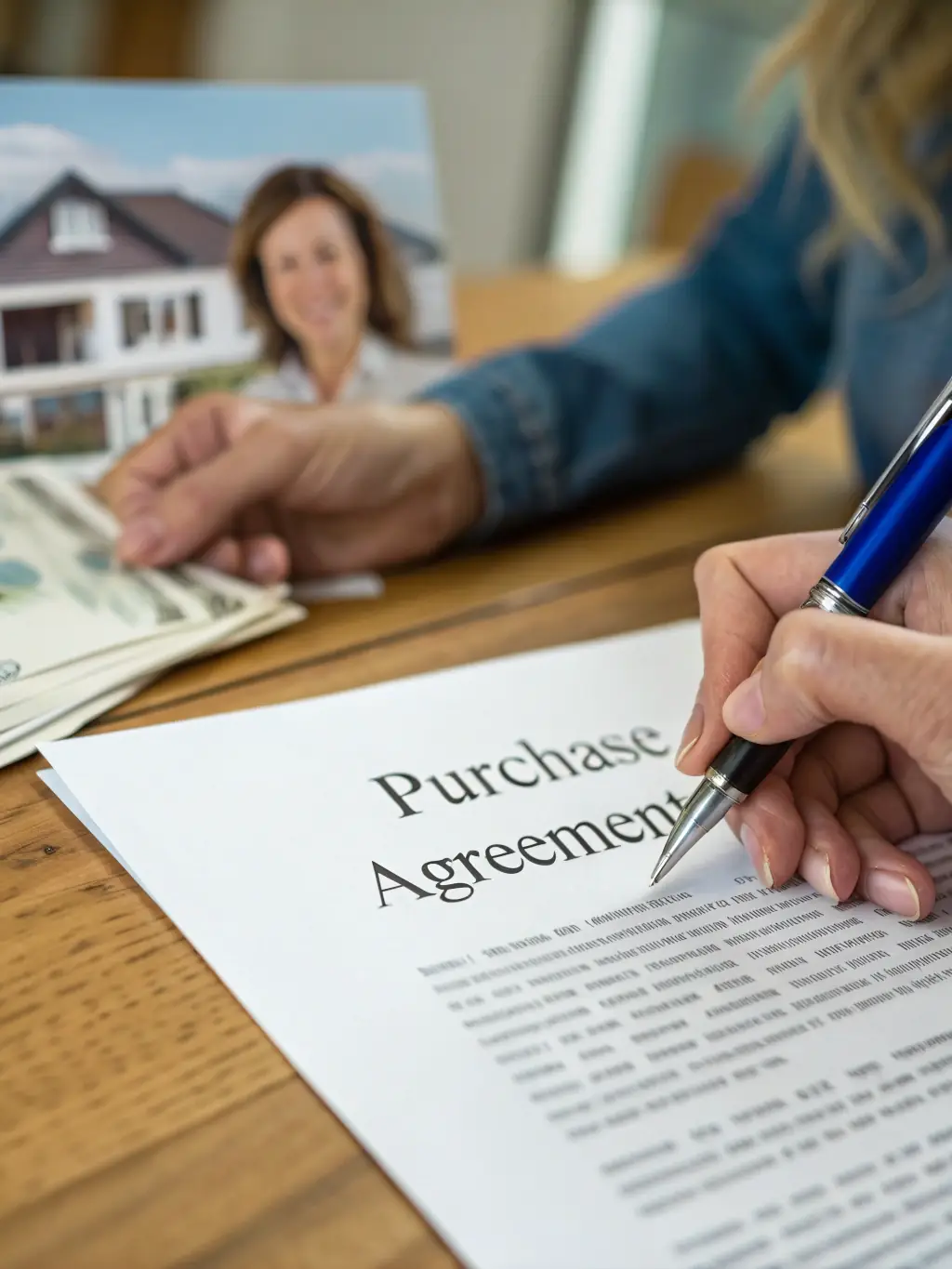 A close-up of a real estate contract being signed, with a pen in hand, symbolizing the offer writing stage of the home buying process.